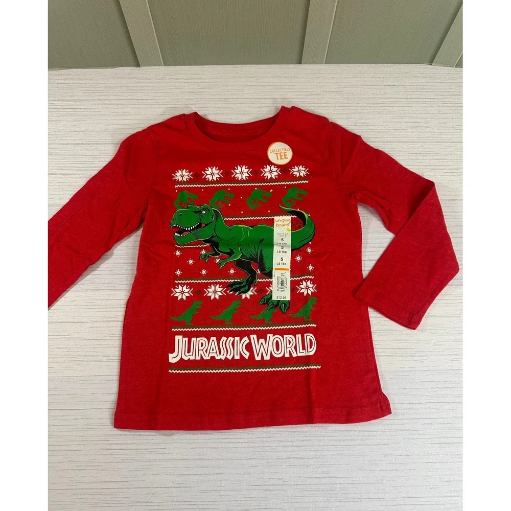 Jumping Beans Size 5 Jurrasic World T-Rex Holiday Graphic Long Sleeve Tee Red